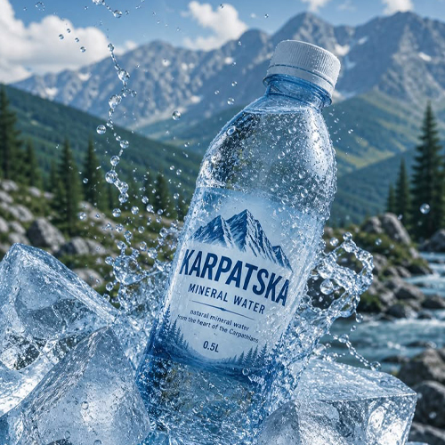 Eco-friendly water bottle packaging reflecting the beauty of alpine regions