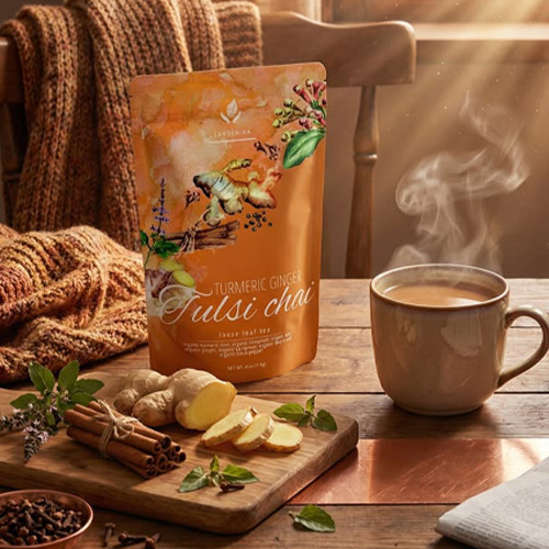 Premium tea branding for Tulsi tea with botanical illustrations and earthy colours