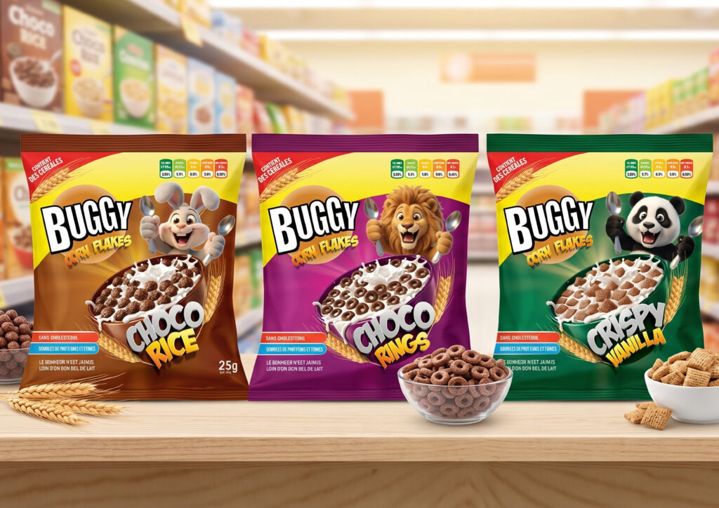 Cereal packaging design with clean branding and product-focused visuals.