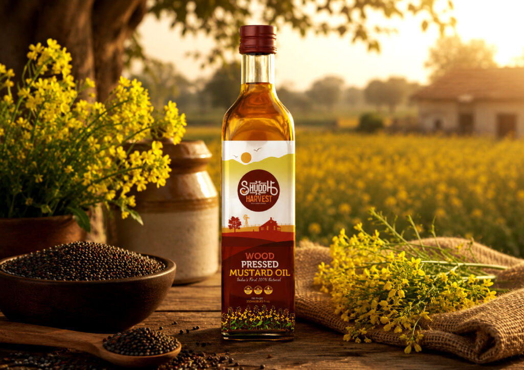 Cookig oil bottle packaging featuring vibrant branding and premium visual identity