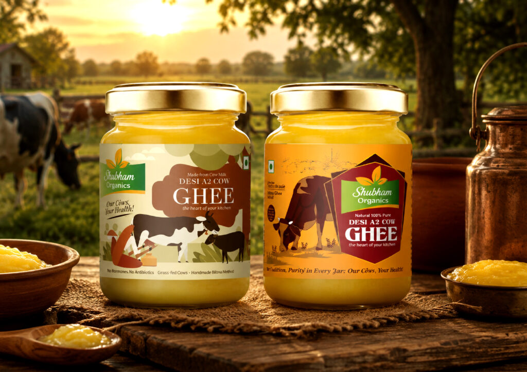 Desi ghee jar packaging with vibrant branding and custom label design