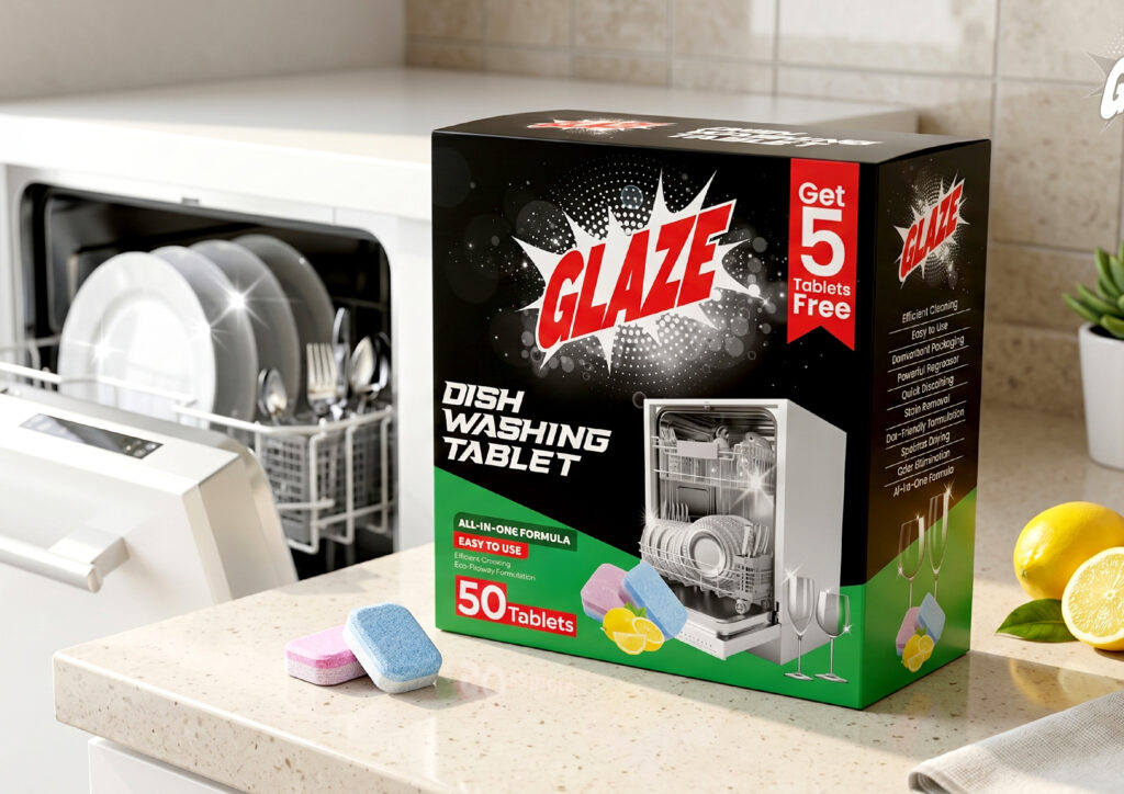 Dishwash box packaging designed to enhance brand recognition and customer trust.