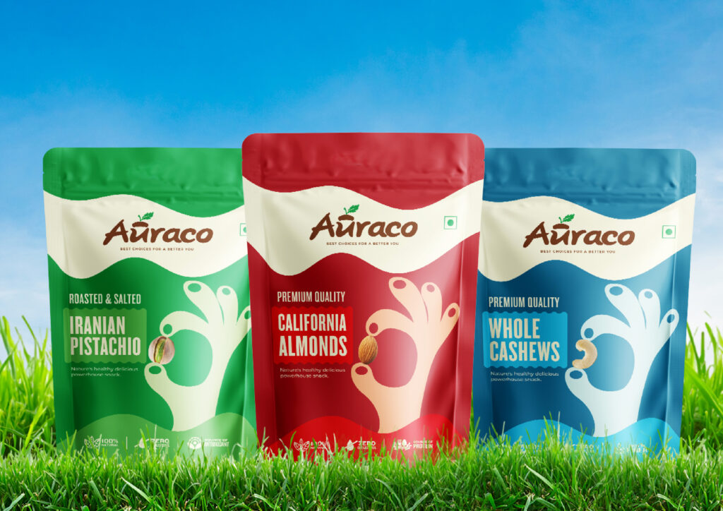 Dry fruits pouch packaging featuring vibrant packaging design