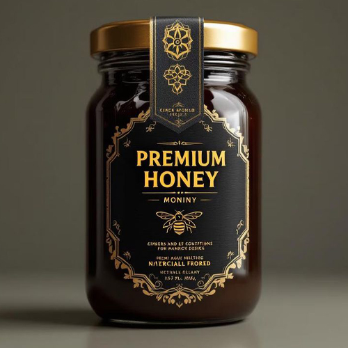 Honey packaging featuring a glass jar with a premium label, gold lid inspired branding
