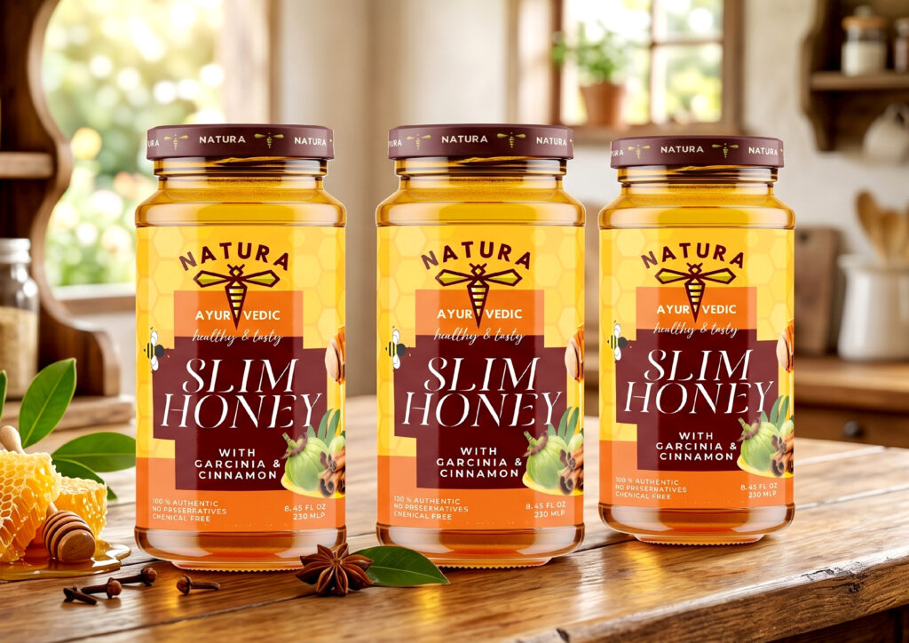 Honey packaging with elegant label design and modern visual appeal.