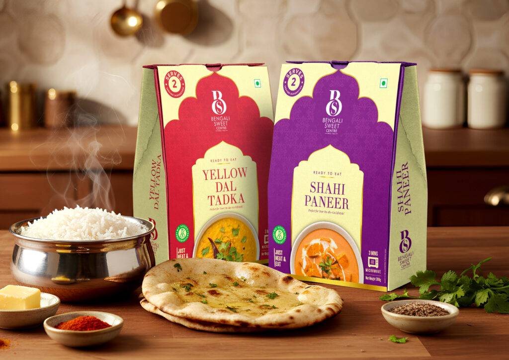 Instant food packaging featuring premium packaging design and branding.