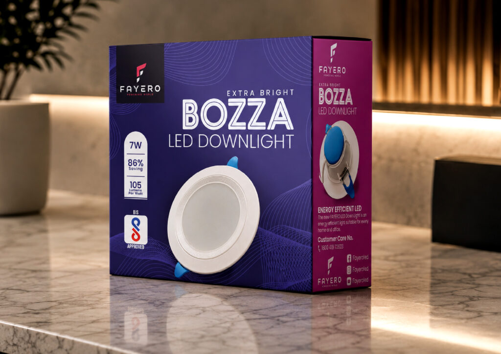 LED downlight packaging featuring vibrant branding and premium visual identity.