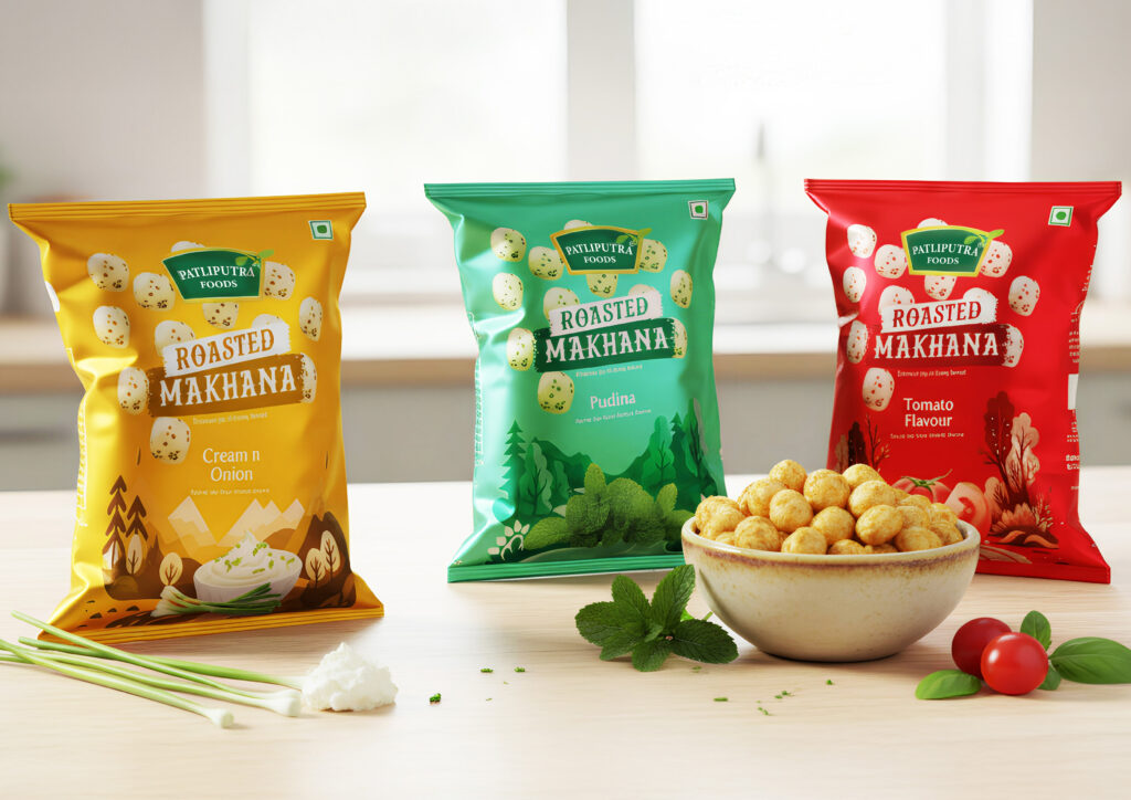 Makhana packaging with elegant label design and modern visual appeal.