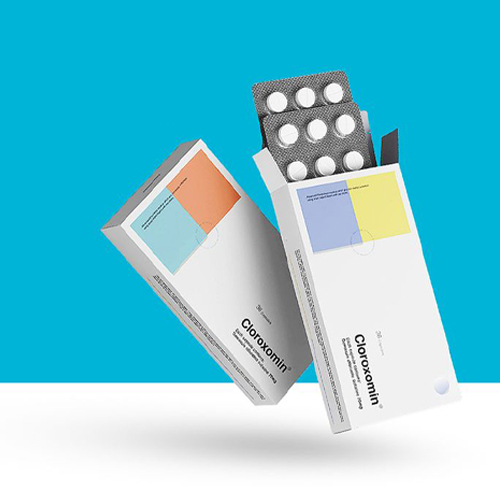 Medicine box packaging highlighting clean typography and layout.