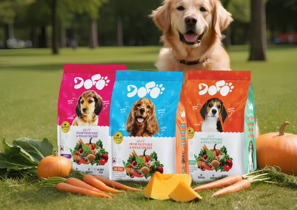 Modern pet food packaging featuring strong visual branding.
