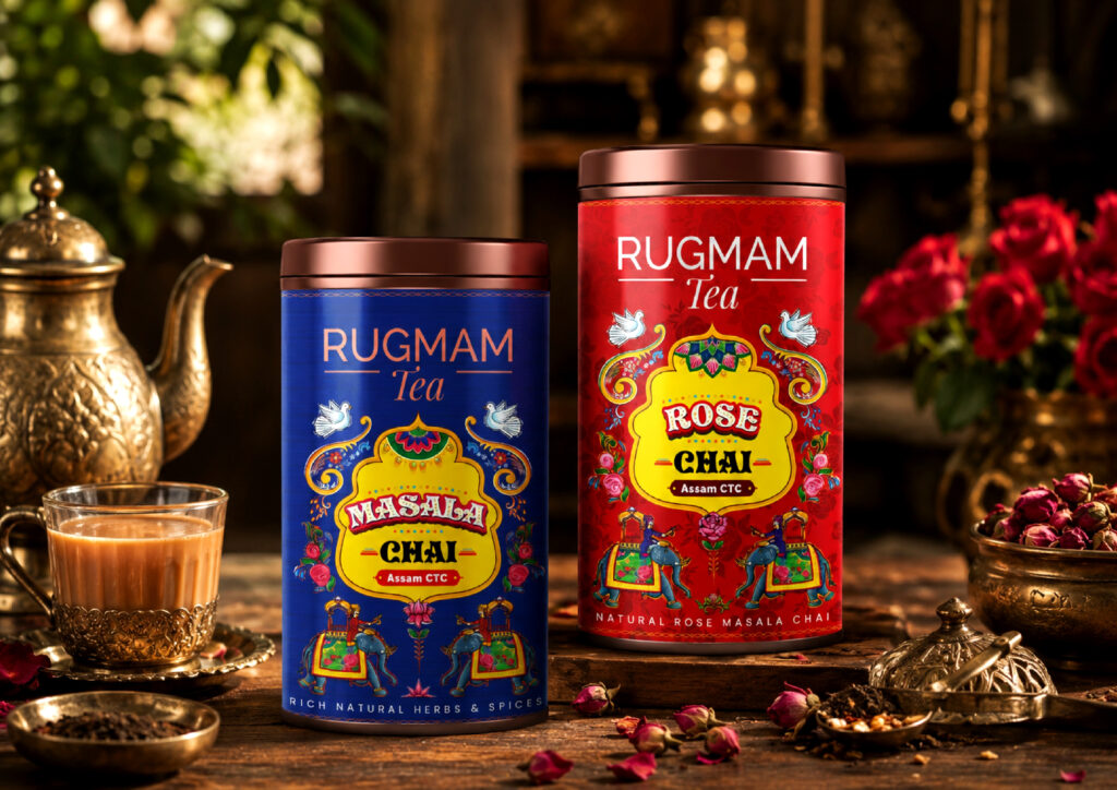 Premium tea packaging design with elegant branding and custom label artwork