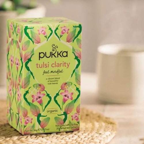Tulsi tea branding highlighting the benefits of Ayurvedic herbal tea
