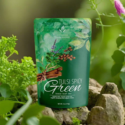 Tulsi tea label and packaging inspired by wellness and nature