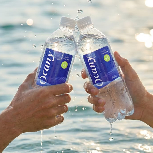 Coastal-themed mineral water bottle with nature-inspired branding