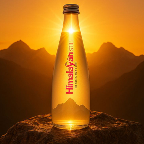 Premium water bottle showcasing Himalayan-inspired branding and label design
