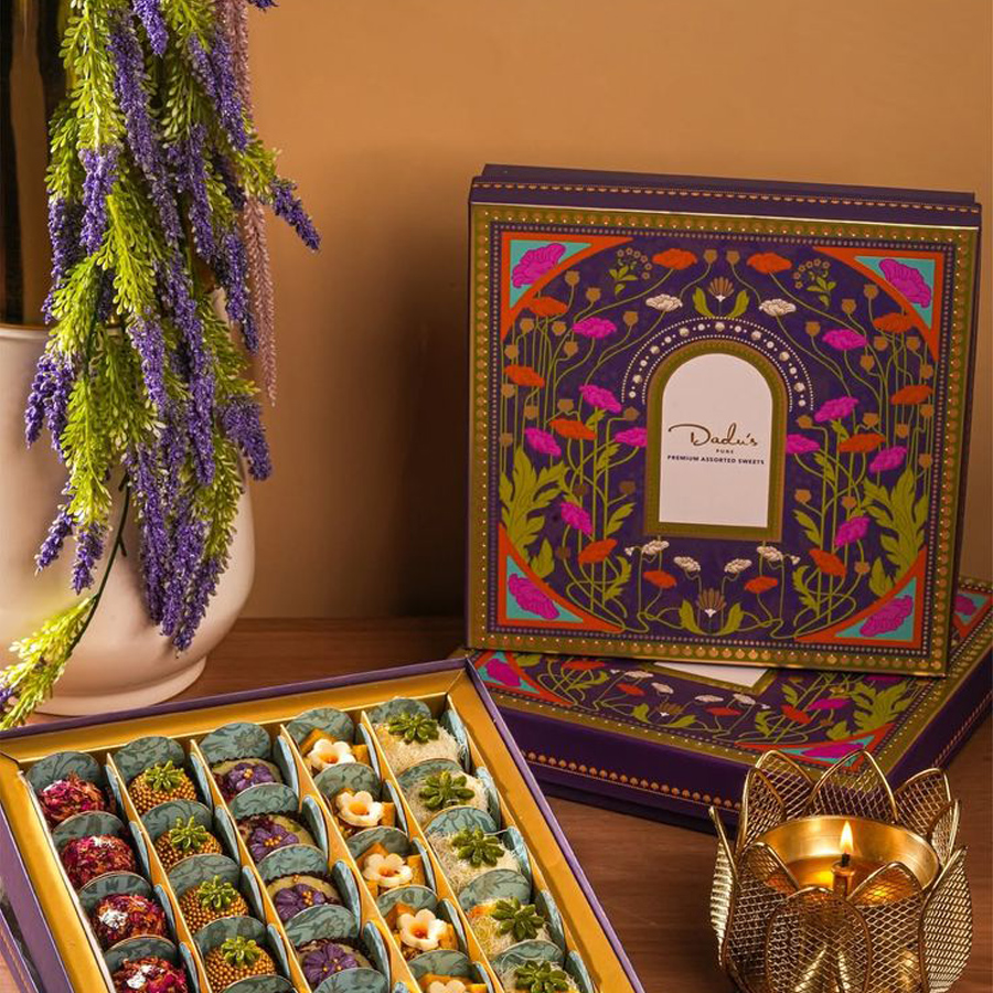 Minimalist mithai box design for premium confectionery brands