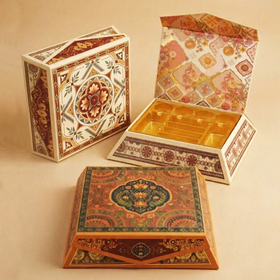 Premium mithai box design with foil stamping and spot UV