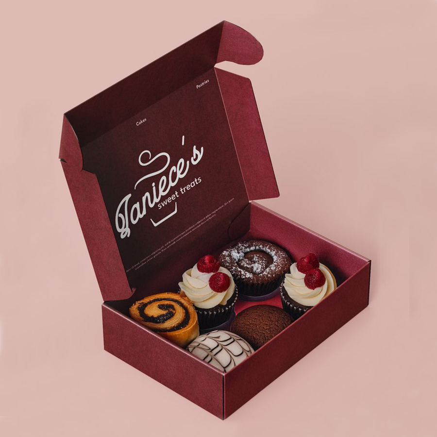 Brand identity for sweet box showcasing brand name inside the box with custom message