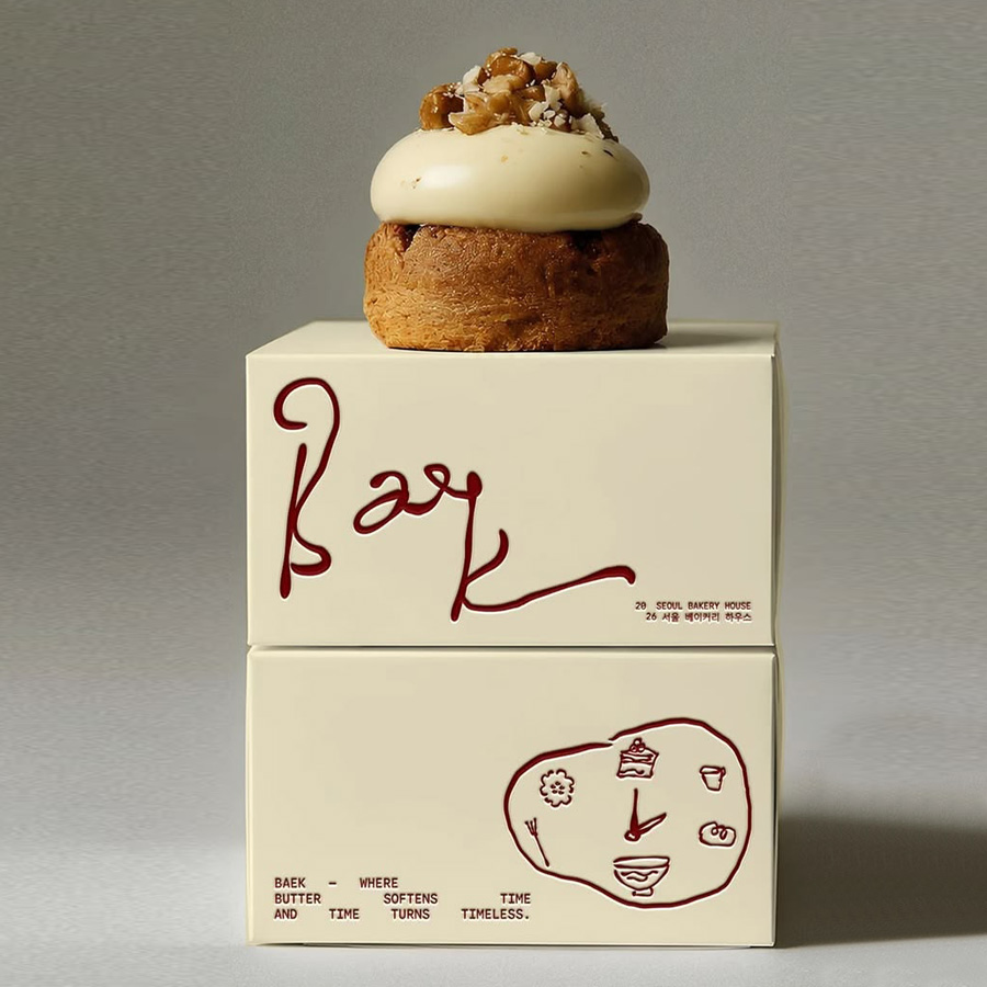 PAstry box packaging feating quirky font and design with pastry