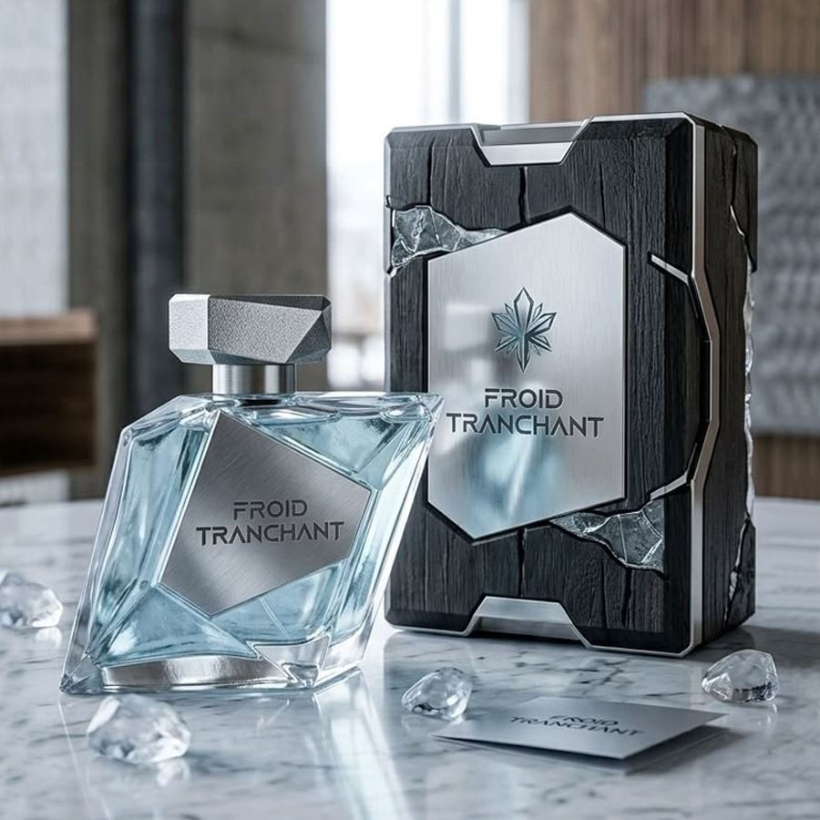 Premium fragrance brand identity with custom perfume bottle design