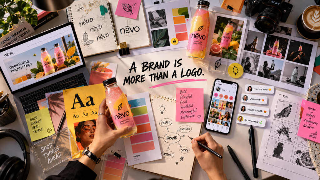 Brand storytelling concept showing founders, customers, behind-the-scenes content and community interaction