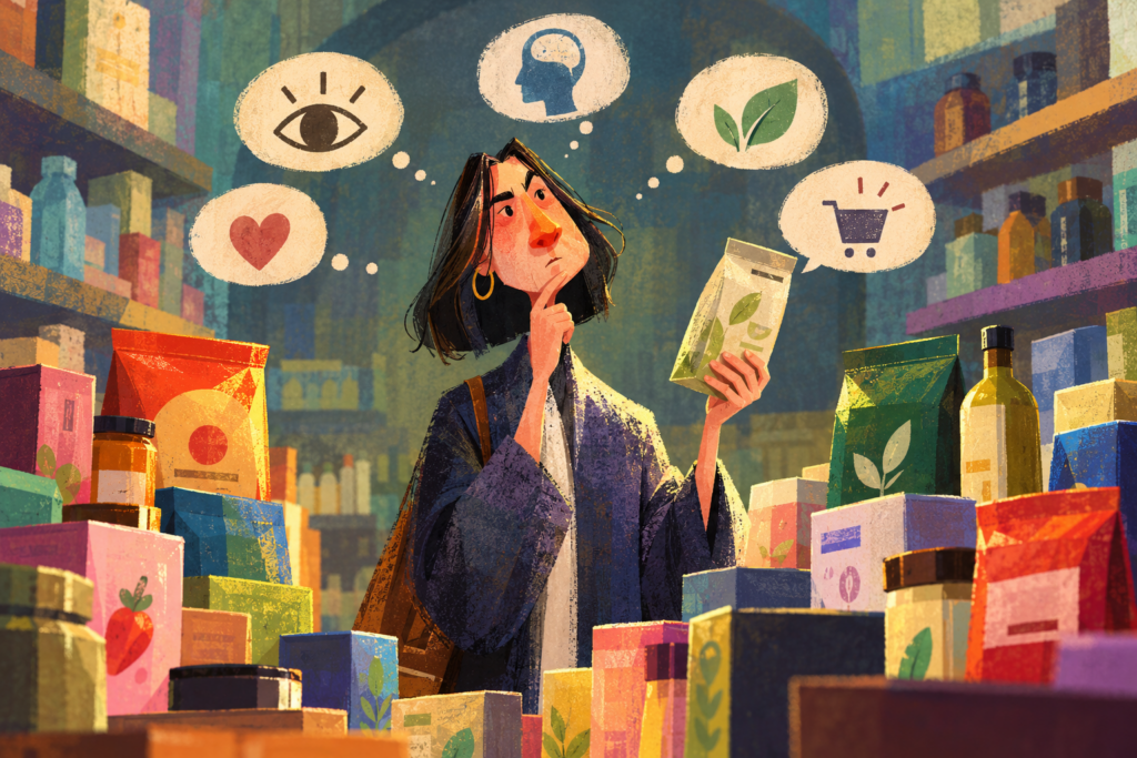 Thoughtful Shopper Amid Colorful Choices